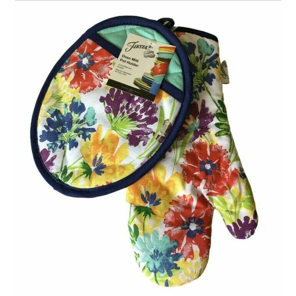 Fiesta Splash Kitchen Potholder Oven Mitt 100% Cotton Set of 2 Rainbow Colors